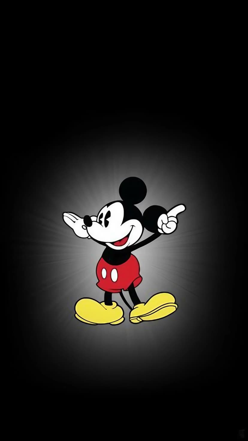 Mickey Mouse silhouette in a dancing pose with red shorts and yellow shoes on a dark gradient background.