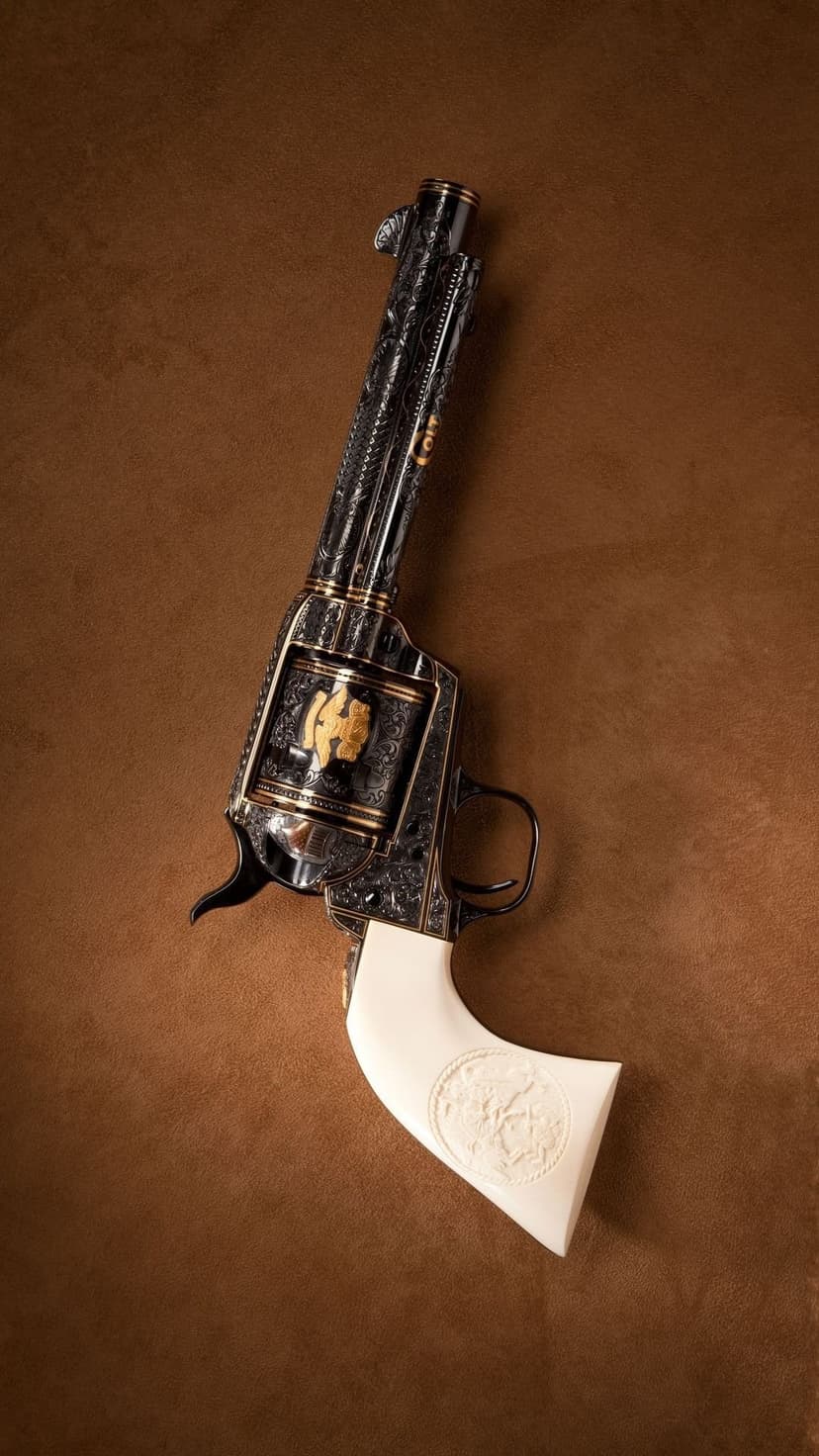 Colt Single Action Army revolver featuring gold scrollwork, a carved ivory grip, and a golden eagle on the cylinder.