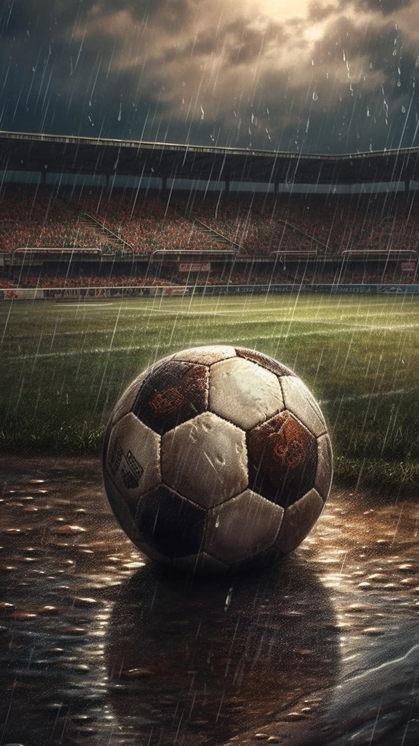 Soccer ball sits on a rain-soaked grass pitch under bright stadium lights amidst a heavy evening downpour.