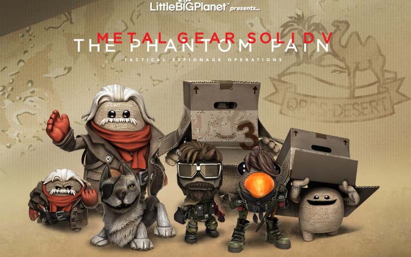 Sackboy characters dressed as Metal Gear Solid V heroes on a textured tan background with game titles.