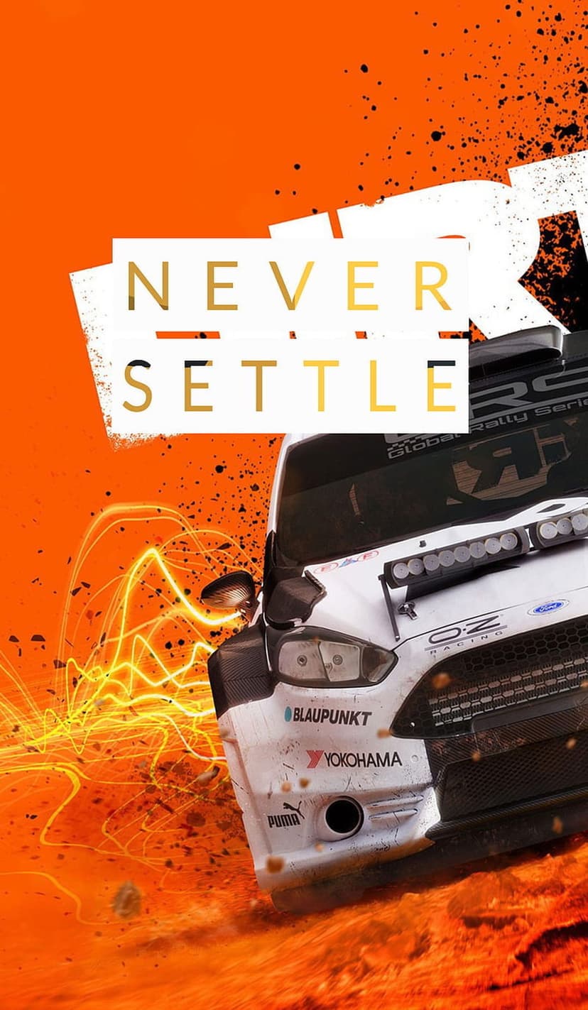 White rally car with Never Settle text speeding through vibrant orange energy trails and black ink splatters.