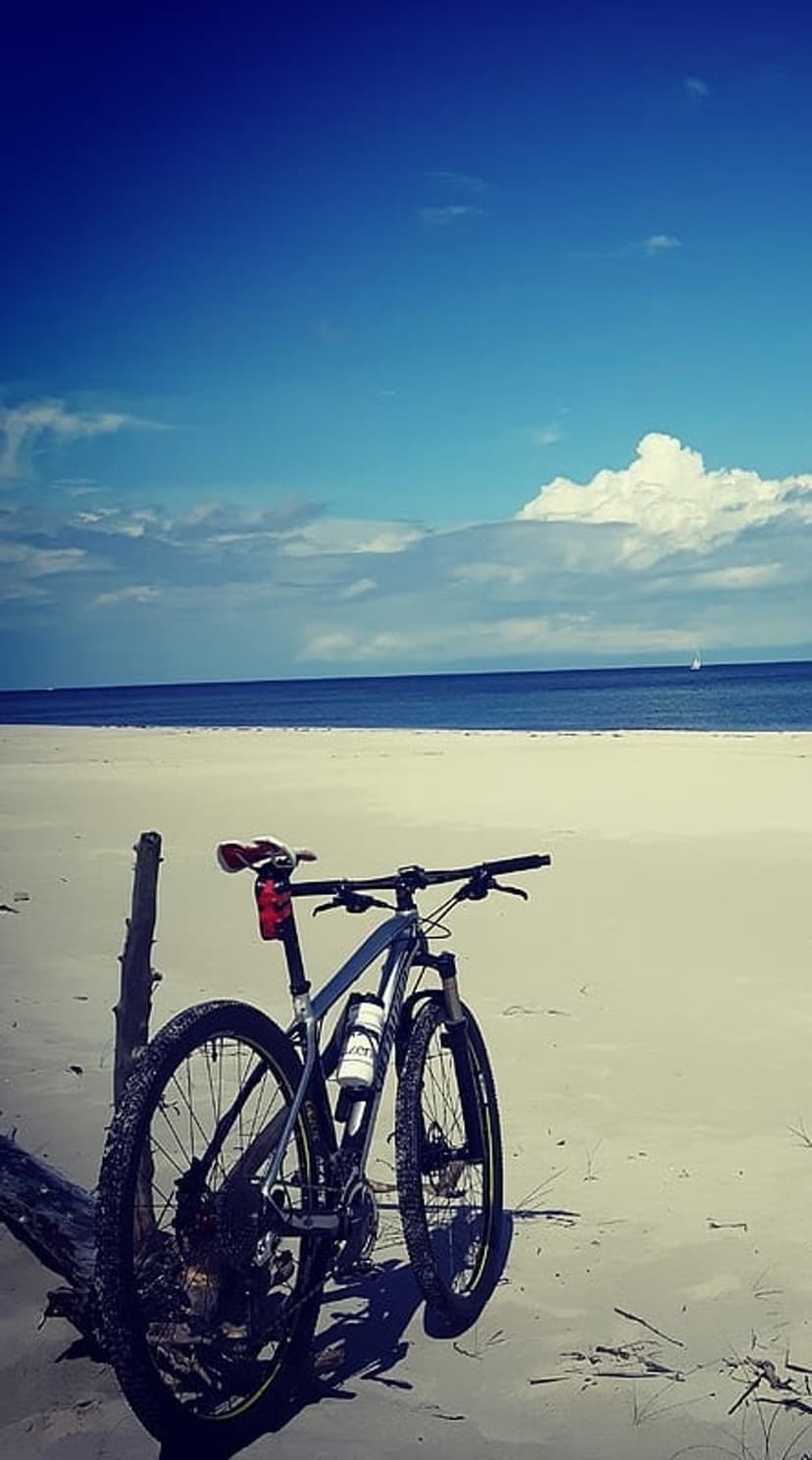 Mountain bike leaning on a wooden post at a sandy beach with a blue sky and distant sailboat on the horizon.