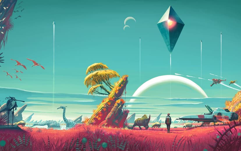 Explorer stands on red grass beside a spaceship on an alien planet with creatures and a floating monolith.
