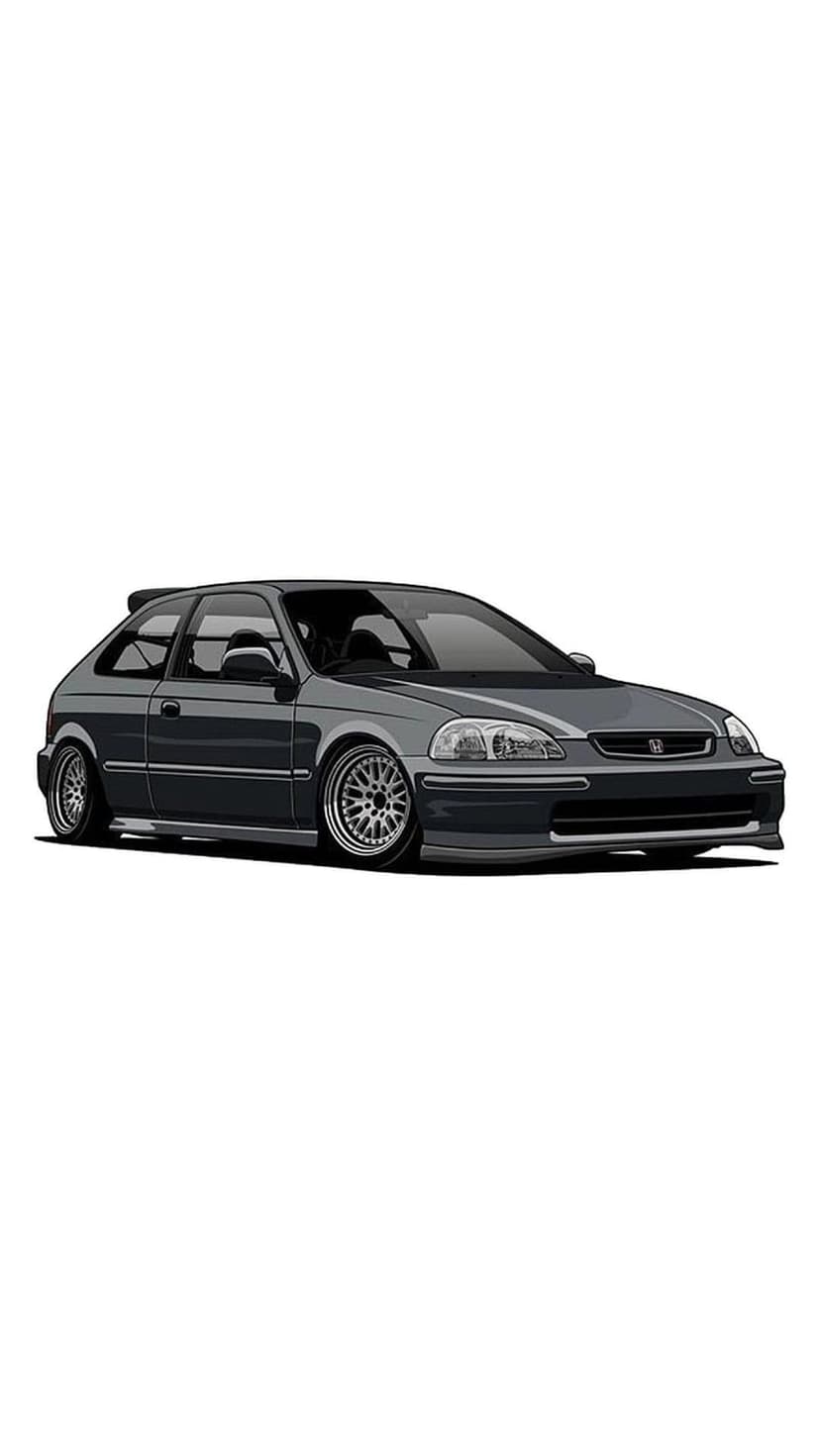 Dark grey Honda Civic hatchback with a lowered suspension and rear spoiler centered on a white background.