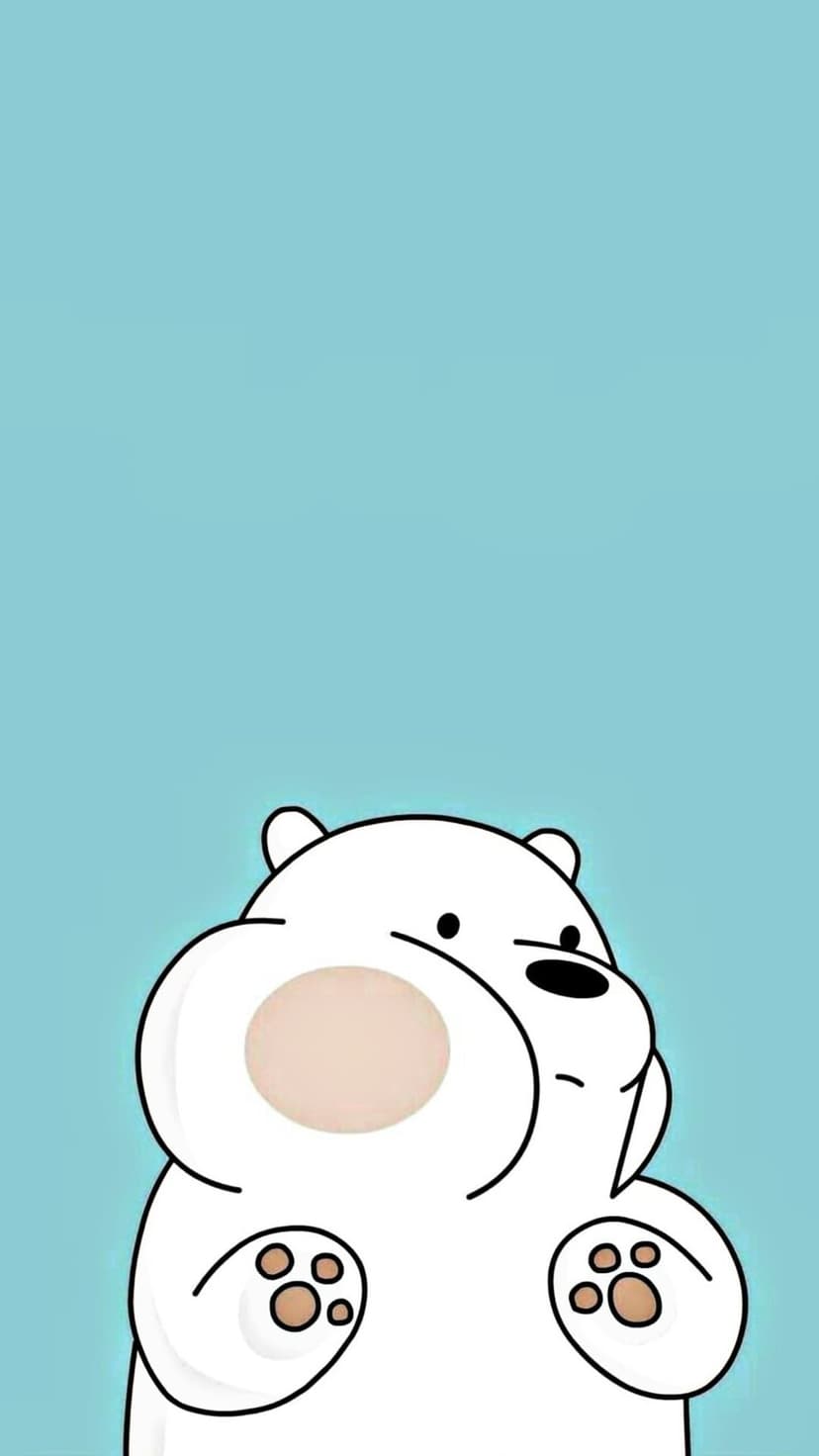 White polar bear with tan cheek blush peeks from the bottom against a solid light blue vertical background.