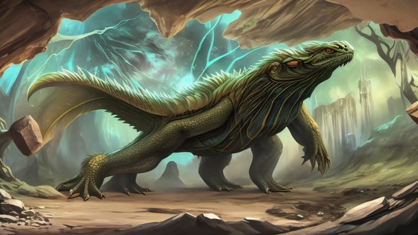 Green dragon with leathery wings and glowing eyes stands in a dark rocky cave illuminated by blue light.