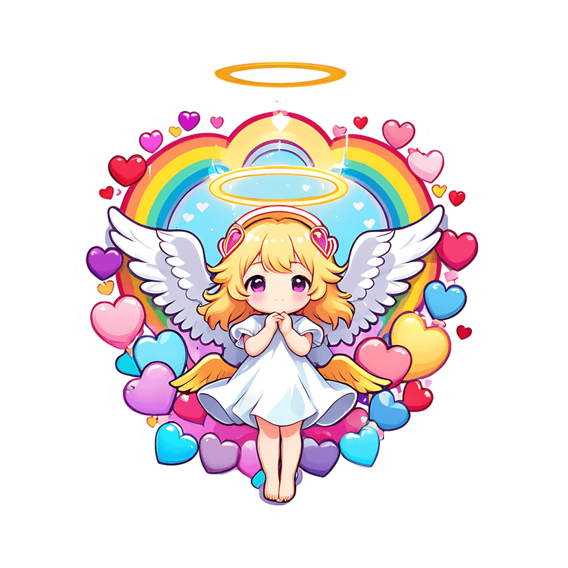 Chibi angel sticker illustration praying with blonde hair, white wings, a halo, and rainbow heart background.