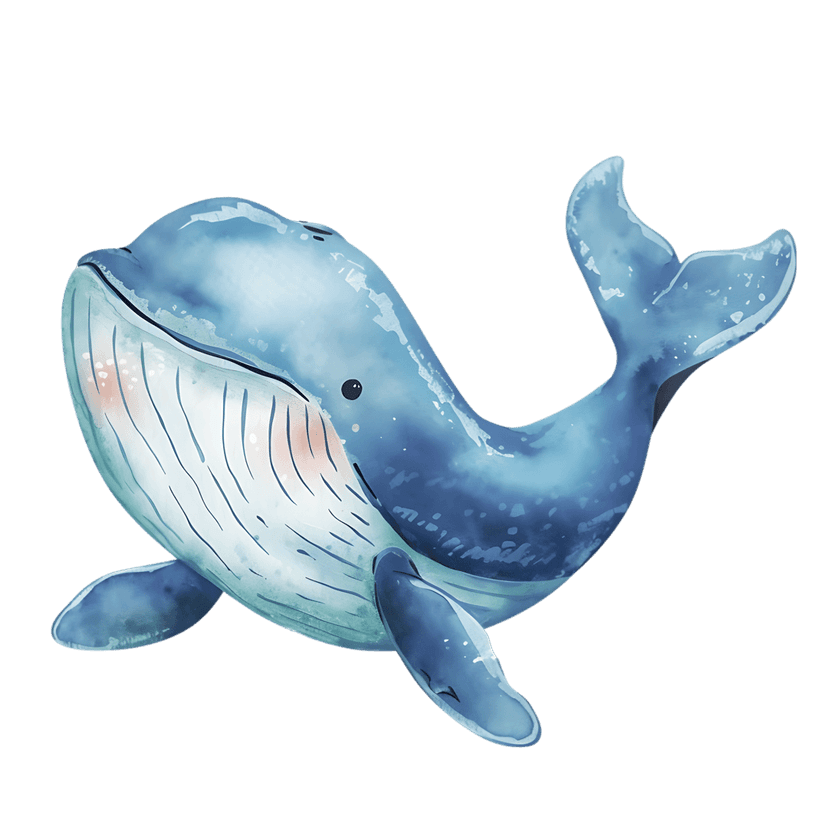 Blue whale watercolor illustration with soft brushstrokes and rosy cheeks on a transparent background.