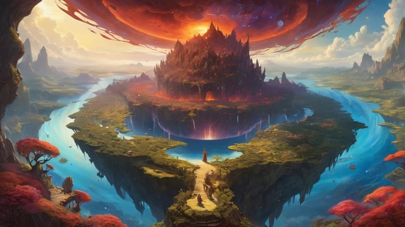 Floating islands with waterfalls drift beneath a massive glowing planet and red trees in a mystical valley.