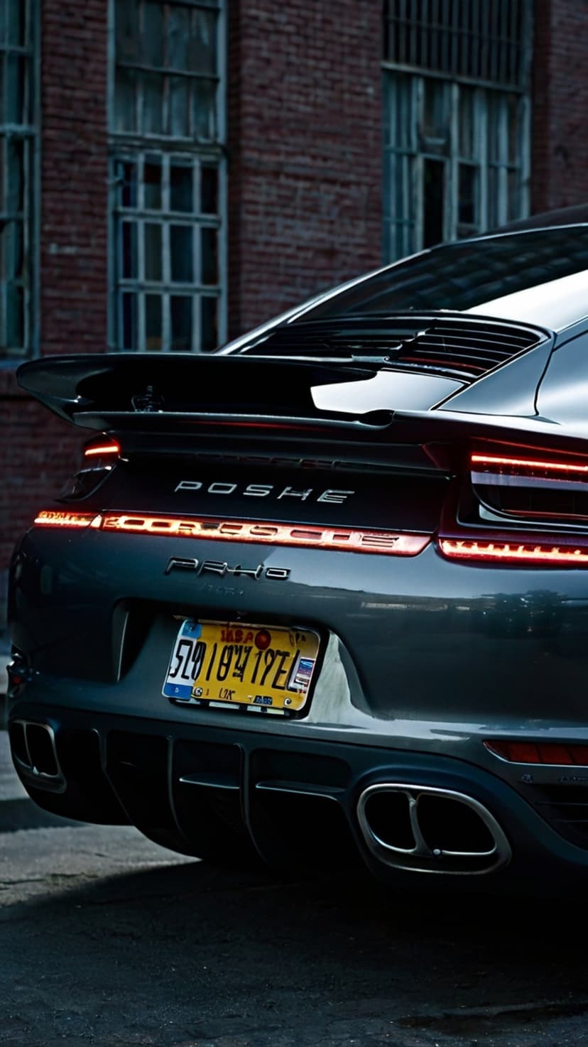 Dark grey Porsche rear view with LED taillights, quad exhaust pipes, and a yellow plate against a brick wall.