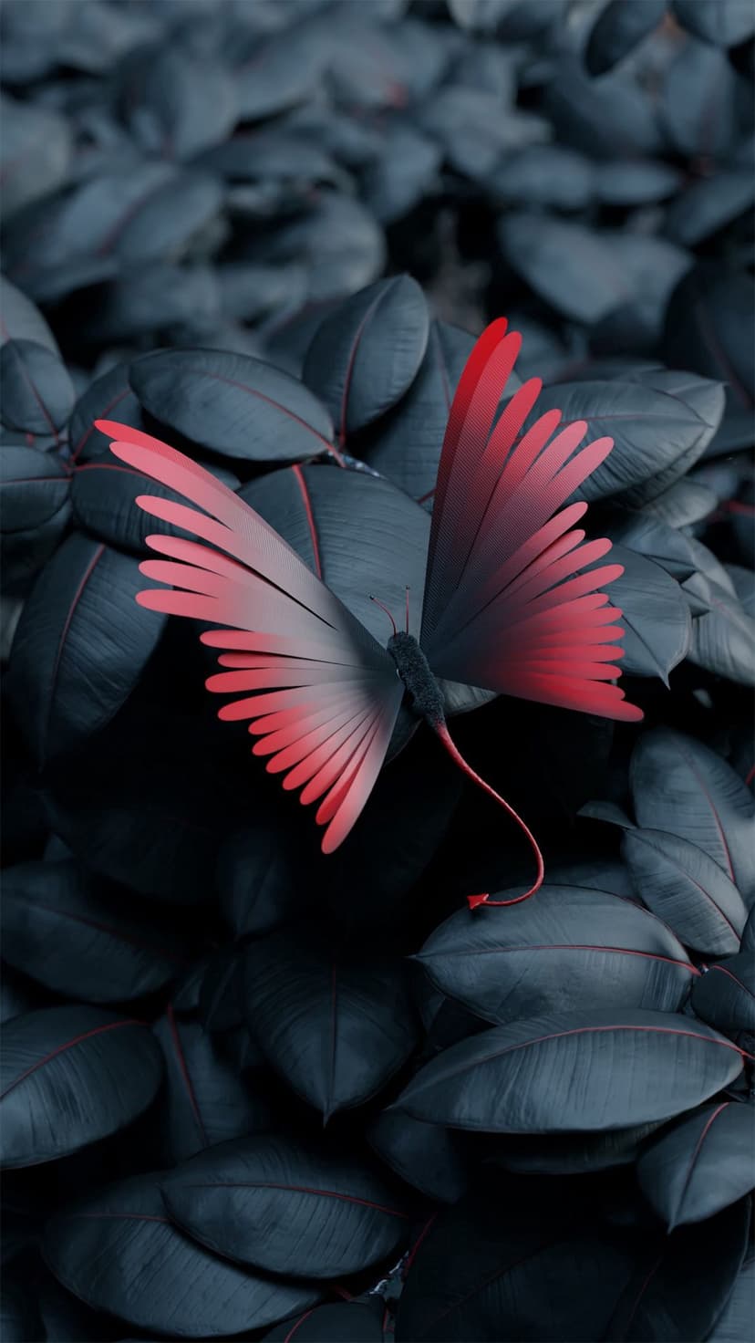 Scarlet butterfly with long black tails rests on dark teal foliage in a vertical macro nature composition.