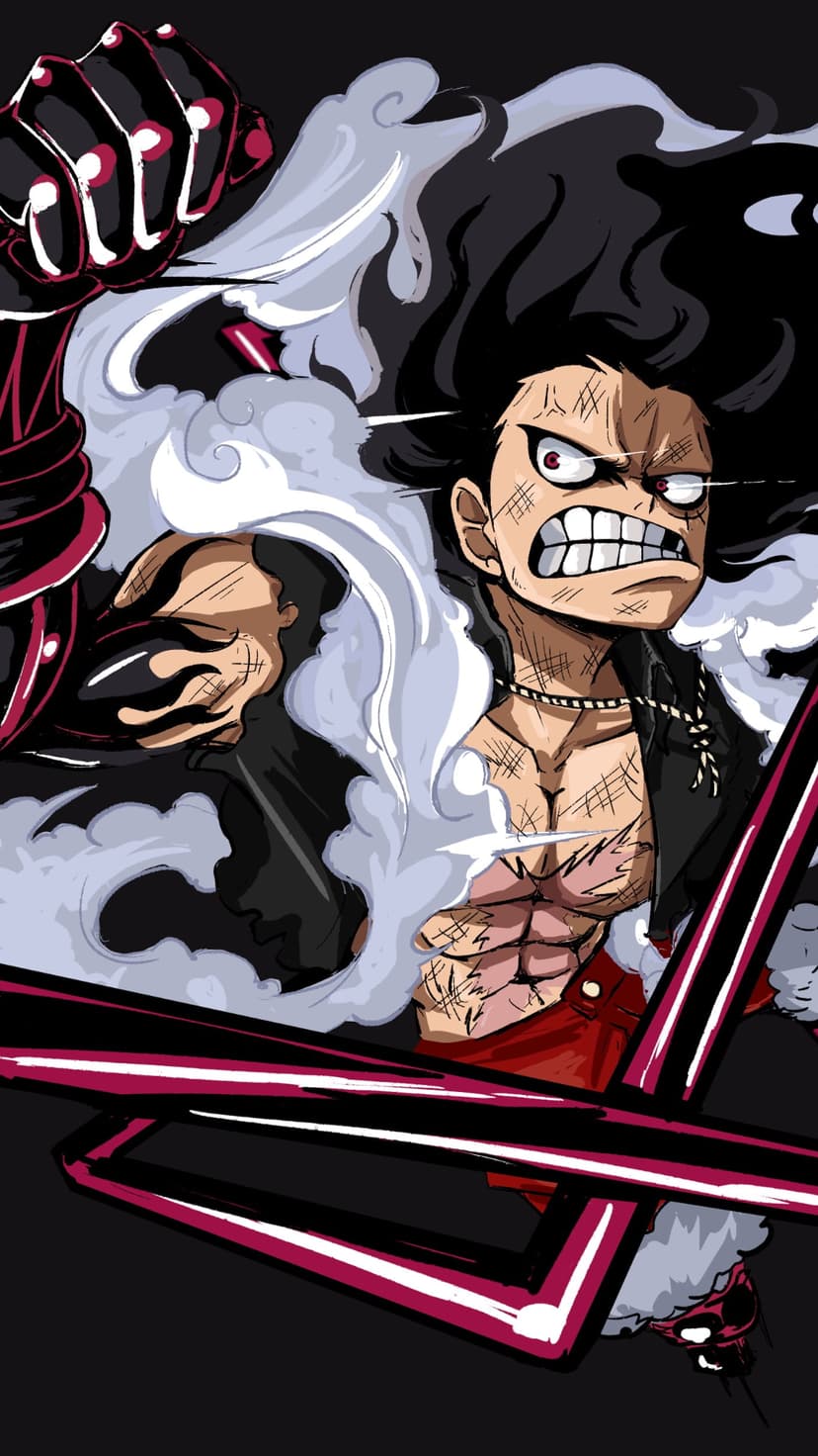 Monkey D. Luffy in Gear 4th Boundman form with haki-coated arms and legs surrounded by white smoke clouds.