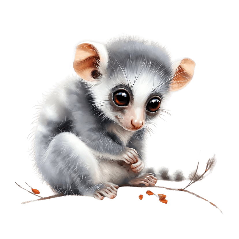 Baby lemur sitting on branch with orange leaves featuring detailed grey fur and large eyes in digital art style.