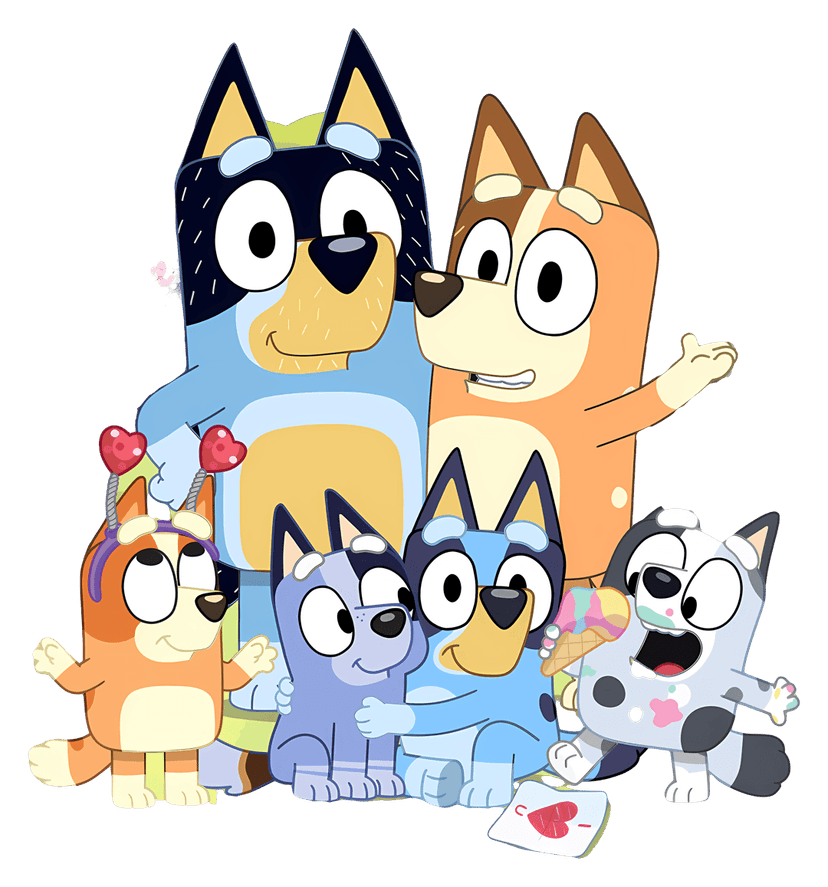 Animated dog family vector shows four blue heeler characters standing together in a front-facing group pose.
