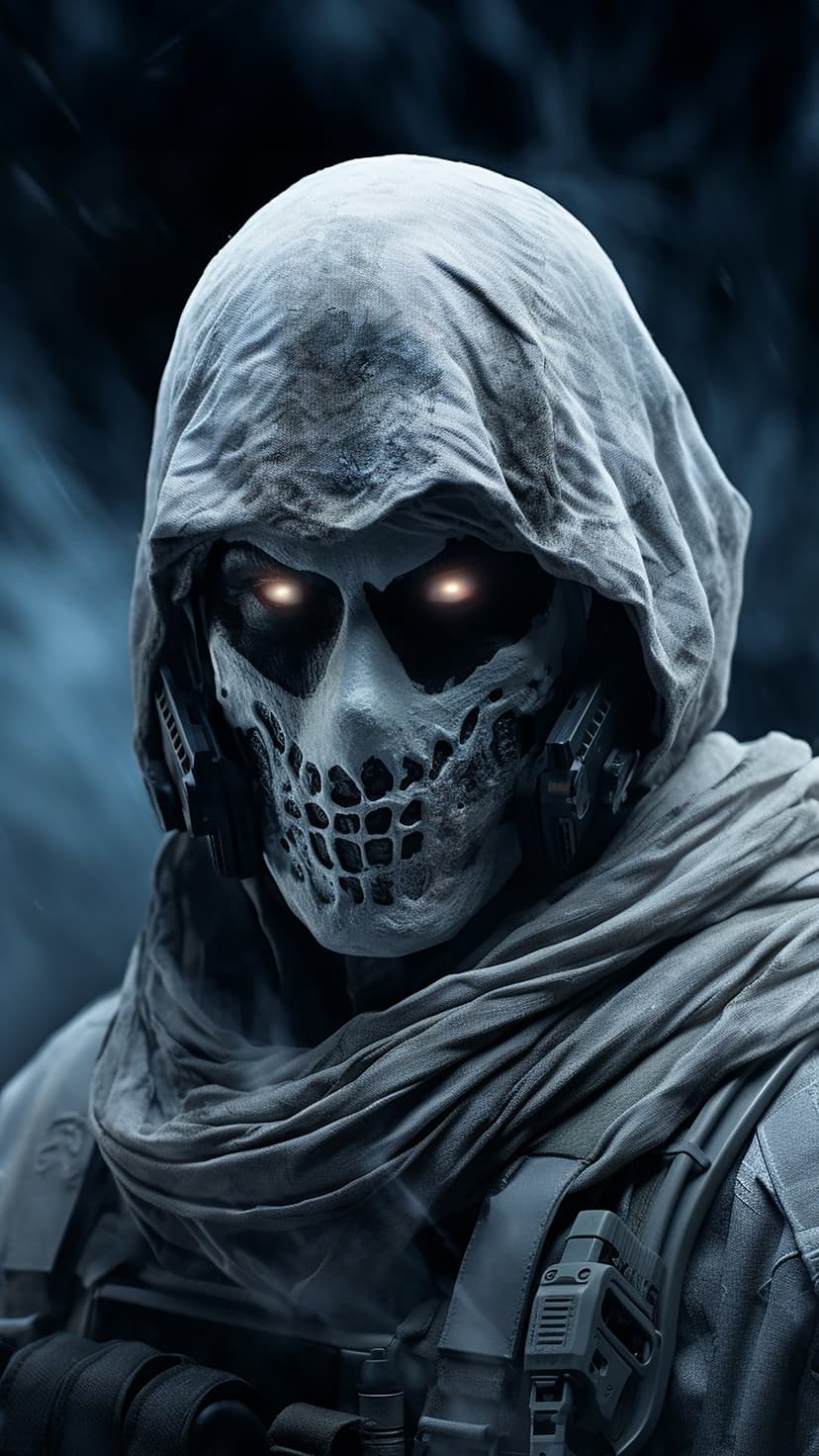 Hooded figure in a detailed skull mask with glowing orange eyes and tactical straps against a dark backdrop.