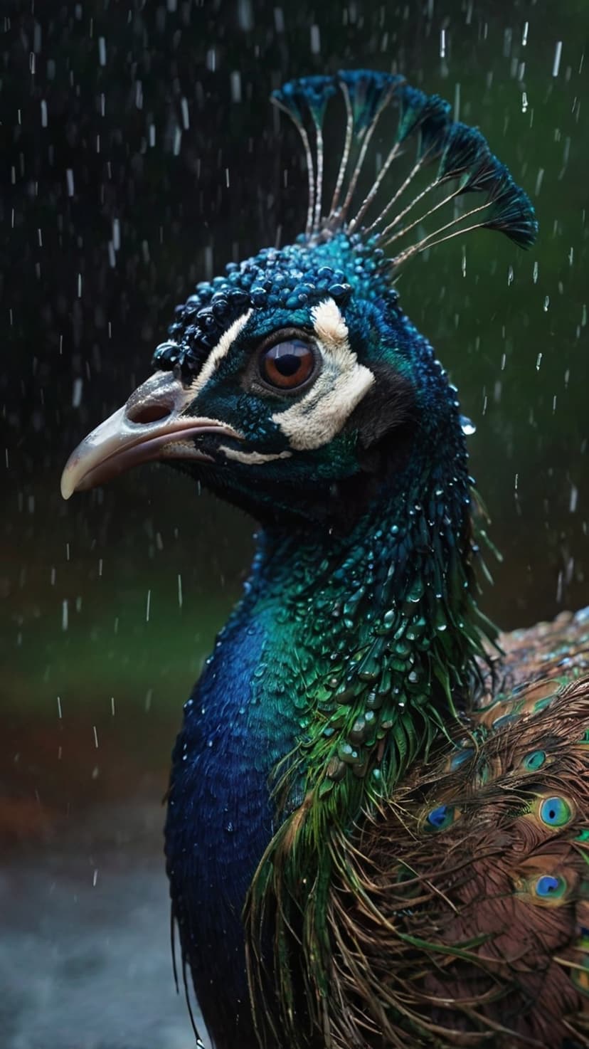 Peacock with iridescent blue feathers and water droplets on its face against a blurred green forest background.