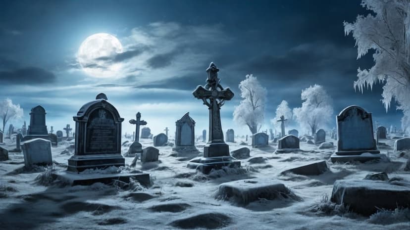 Weathered stone crosses and headstones stand in deep snow under a bright full moon and frosted winter trees.
