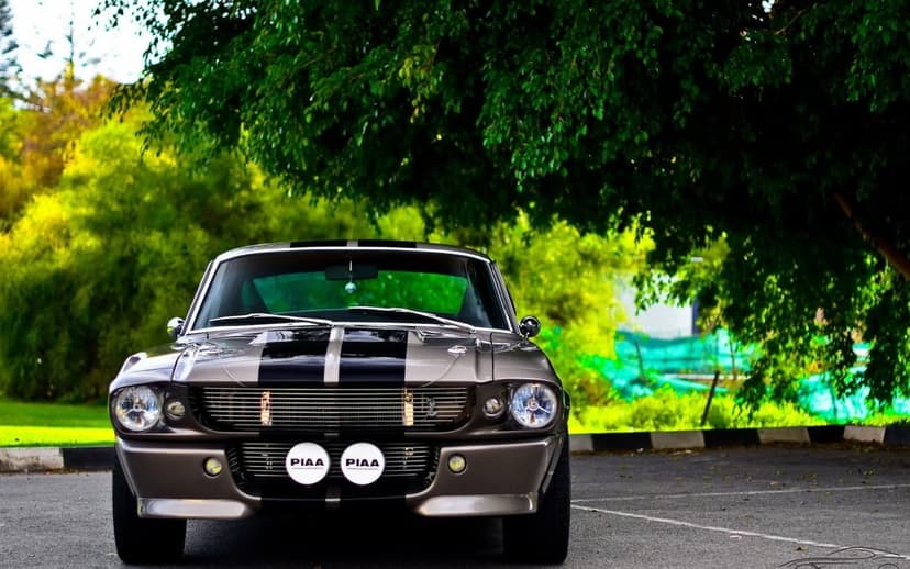 Grey Shelby GT500 Eleanor parked on asphalt beneath a lush green tree canopy with soft natural lighting.