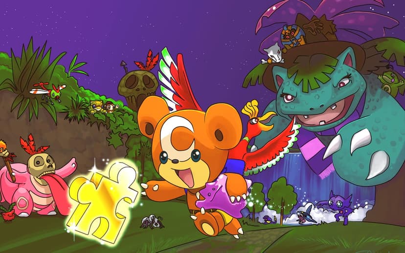 Teddiursa and Ho-oh chase a glowing puzzle piece through a tropical jungle with a giant Venusaur background.