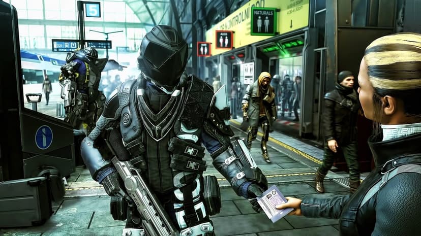 Armored security guard in a faceted black helmet checks a woman's identification in a sci-fi station.