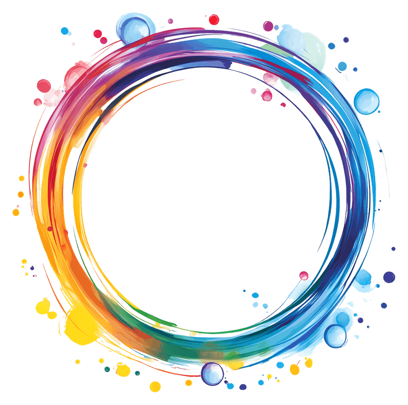 Multicolored circular frame featuring vibrant ink splashes and textured watercolor splatters on a white background
