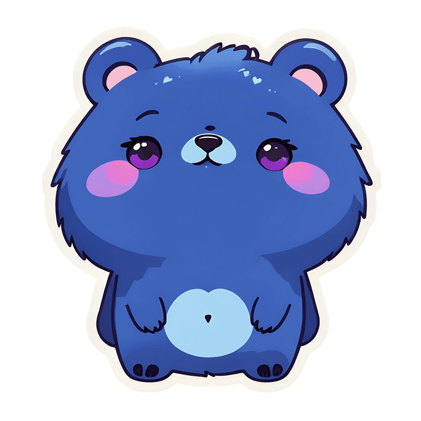 Blue bear sticker with fluffy fur texture, large purple glossy eyes, pink cheeks, and a white border outline.