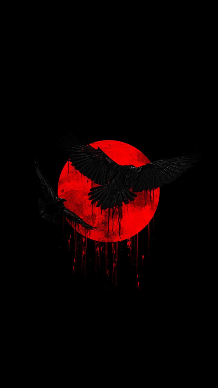 Two black crows fly past a large red moon with red streaks dripping from the bottom against a black background.