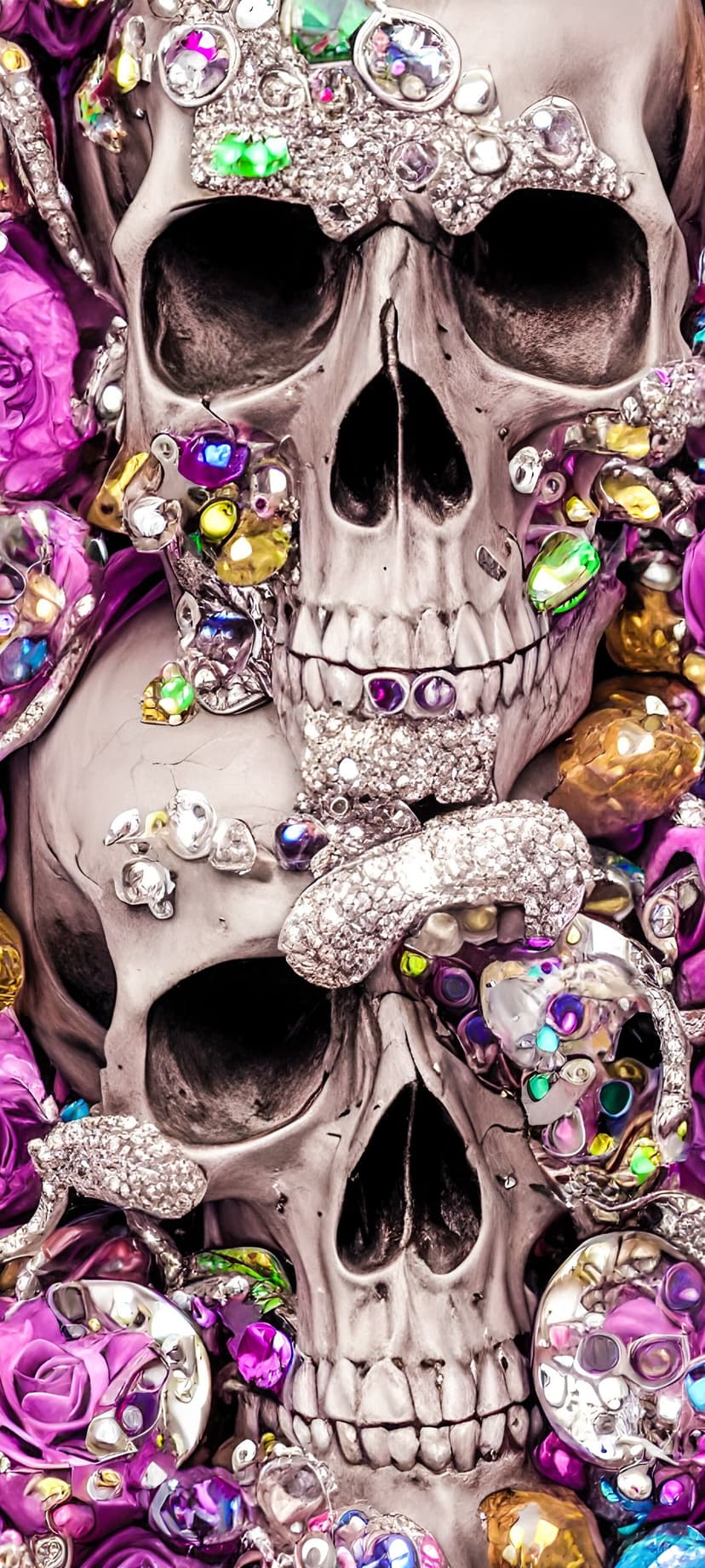 Ornate silver skull decorated with colorful gemstones and blooming pink roses against a dark background.