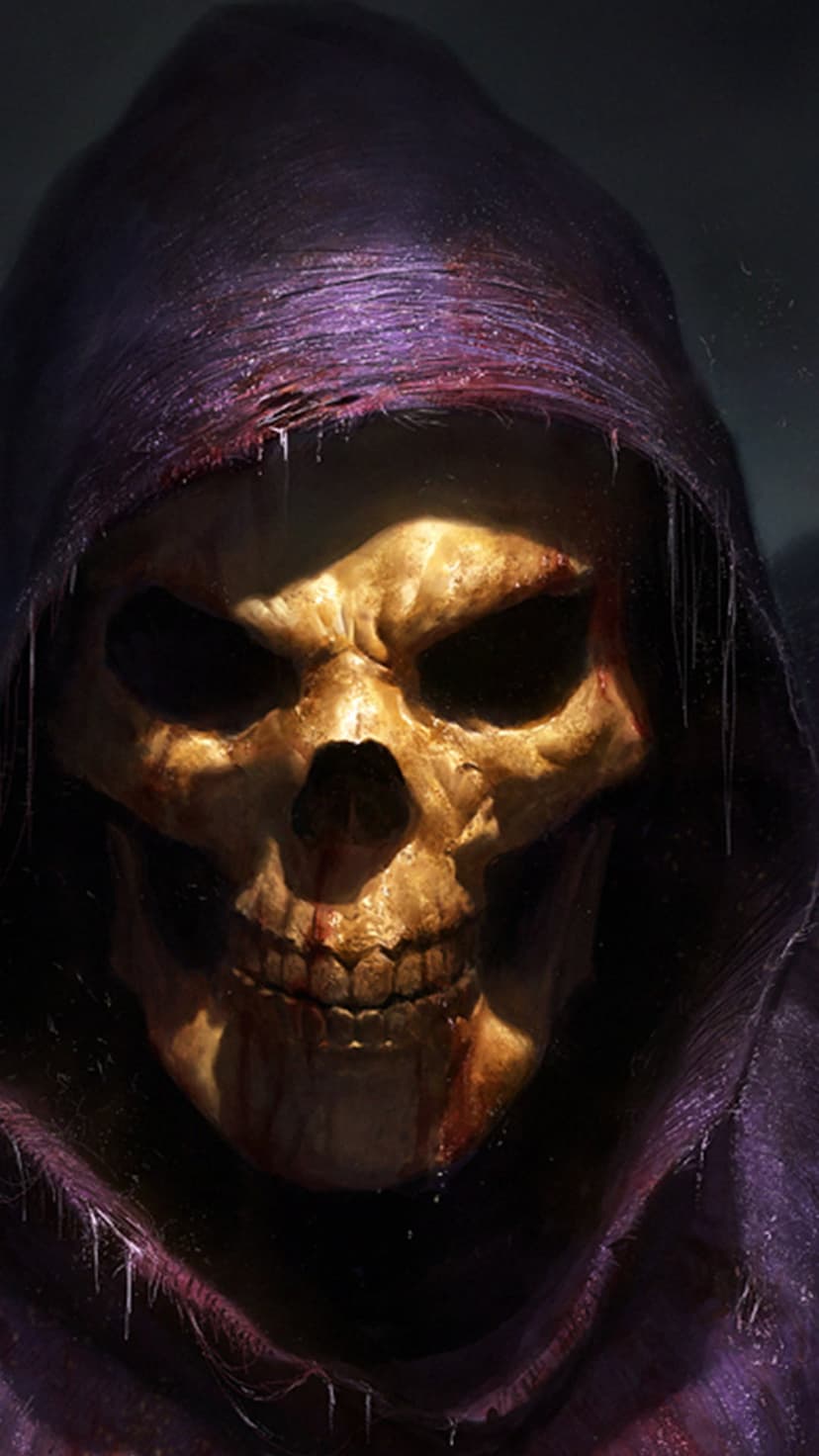 Skeletor's yellowed skull with dark eye sockets wears a tattered purple hood under dramatic warm lighting.