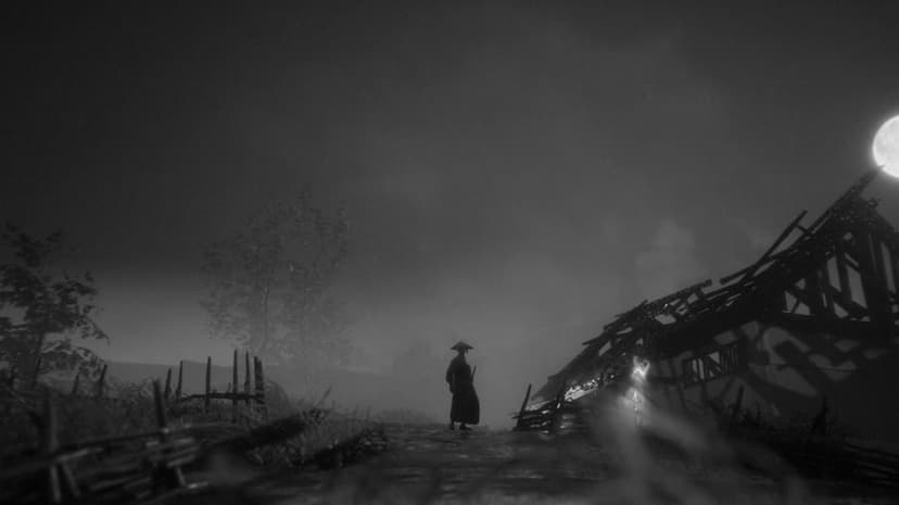 A lone samurai in a wide hat stands among destroyed buildings and mist under a bright moon in black and white.