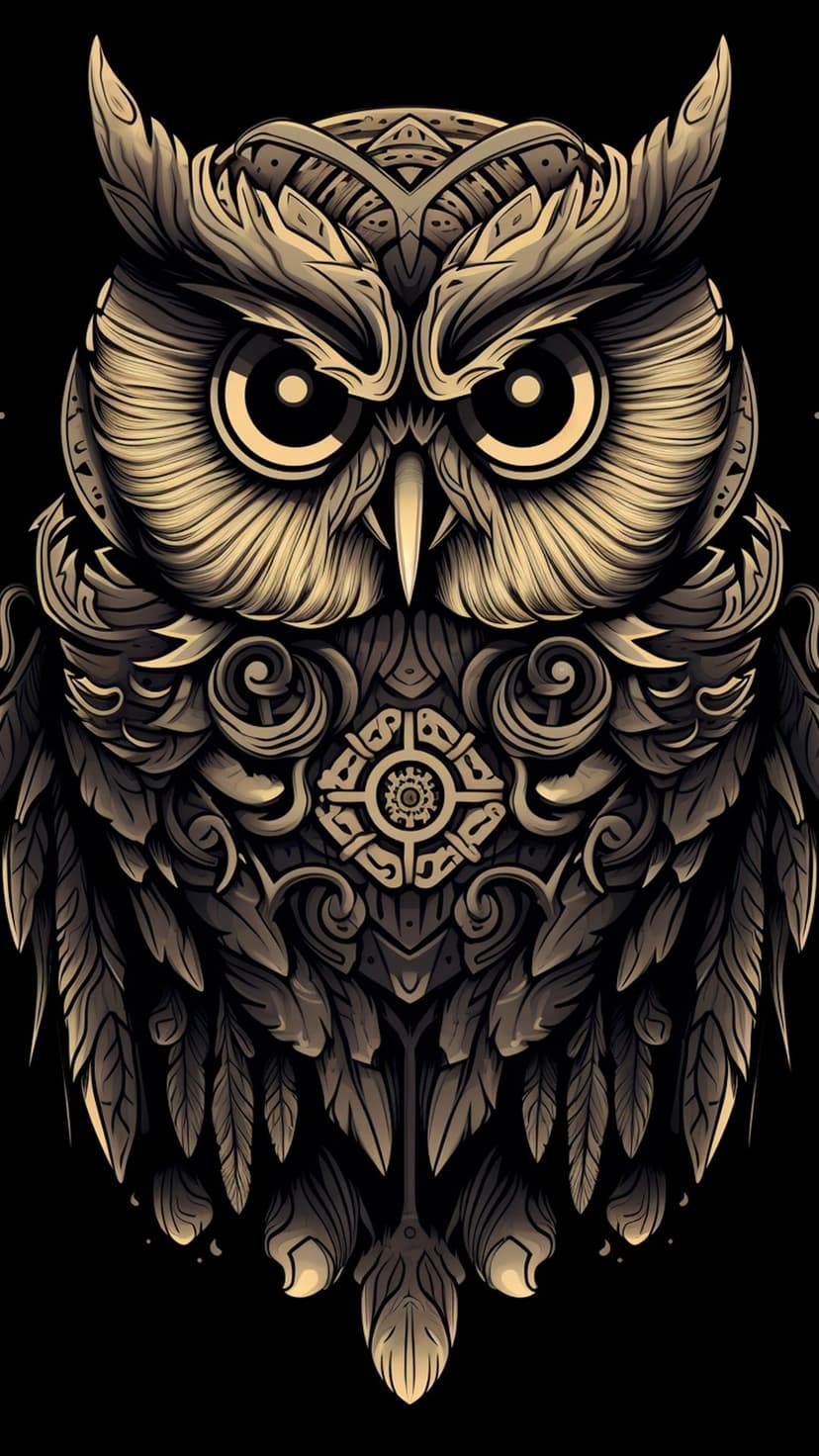 Owl with large piercing eyes and ornate filigree patterns on its feathers in a sepia-toned monochromatic style.