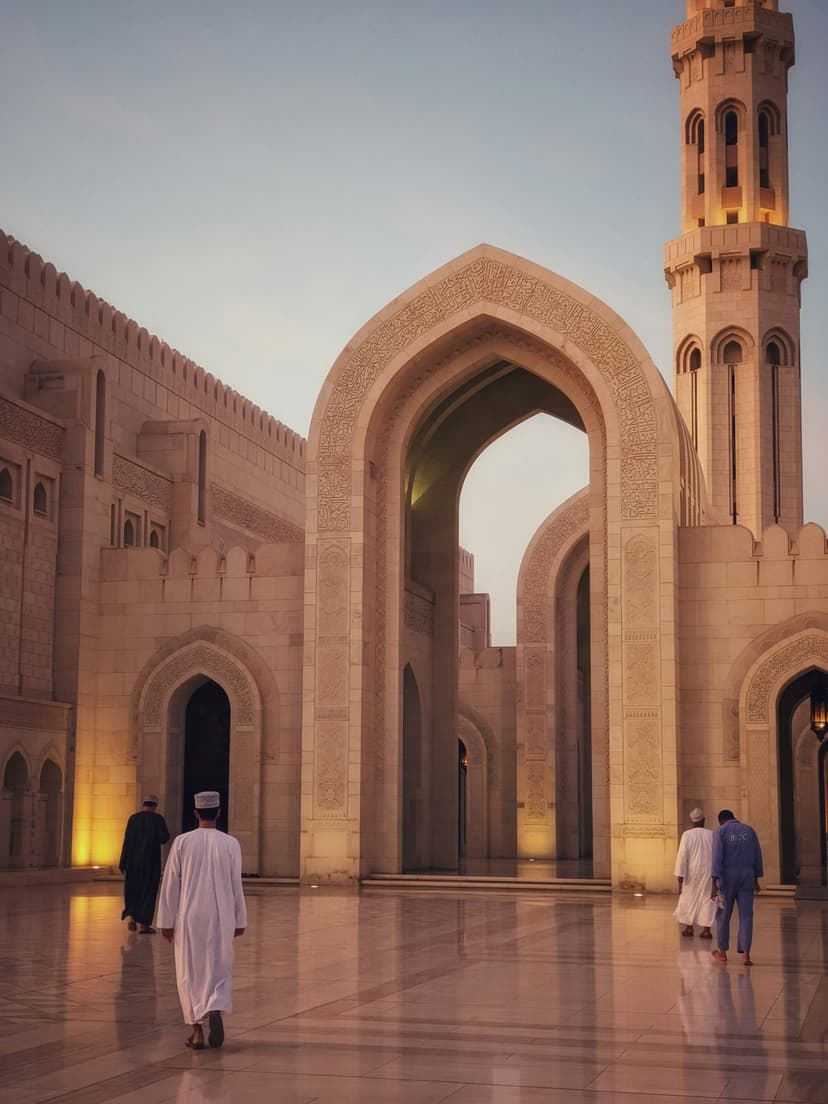 Sultan Qaboos Grand Mosque courtyard features polished marble floors and arched corridors at twilight in Muscat.