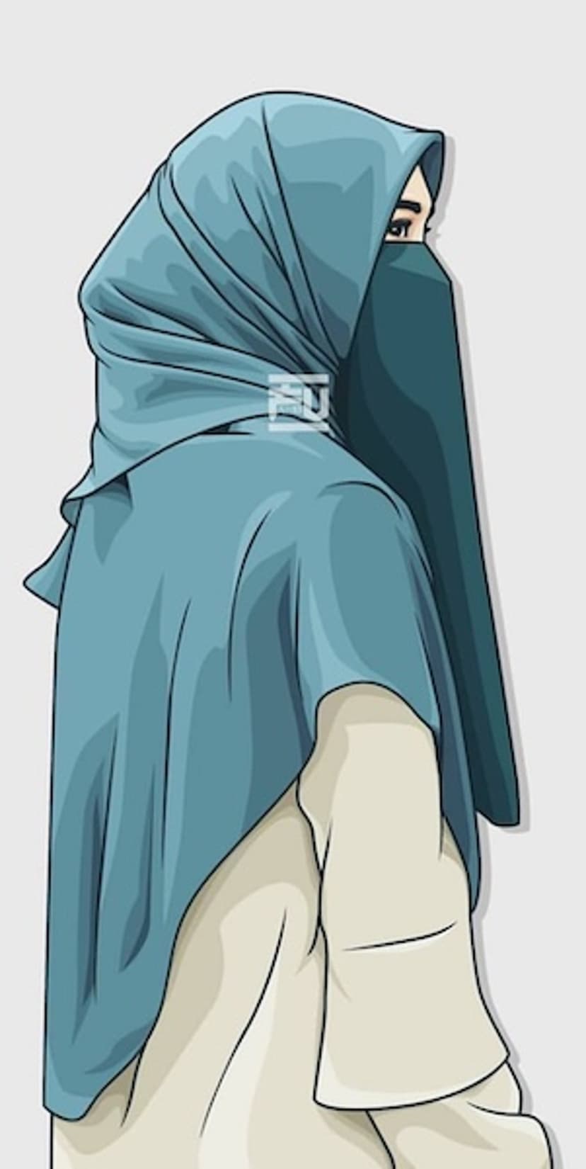 Woman in a teal niqab and hijab looks forward against a light gray backdrop, showcasing elegant modest fashion.