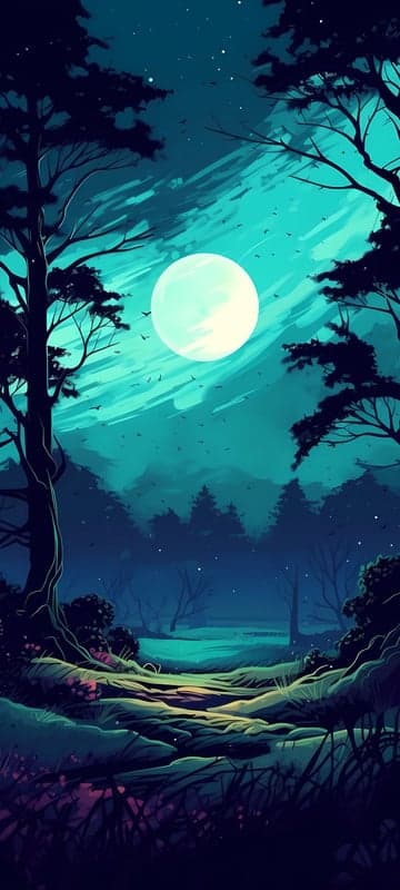 Enchanting Moonlit Forest Path Under Teal Sky