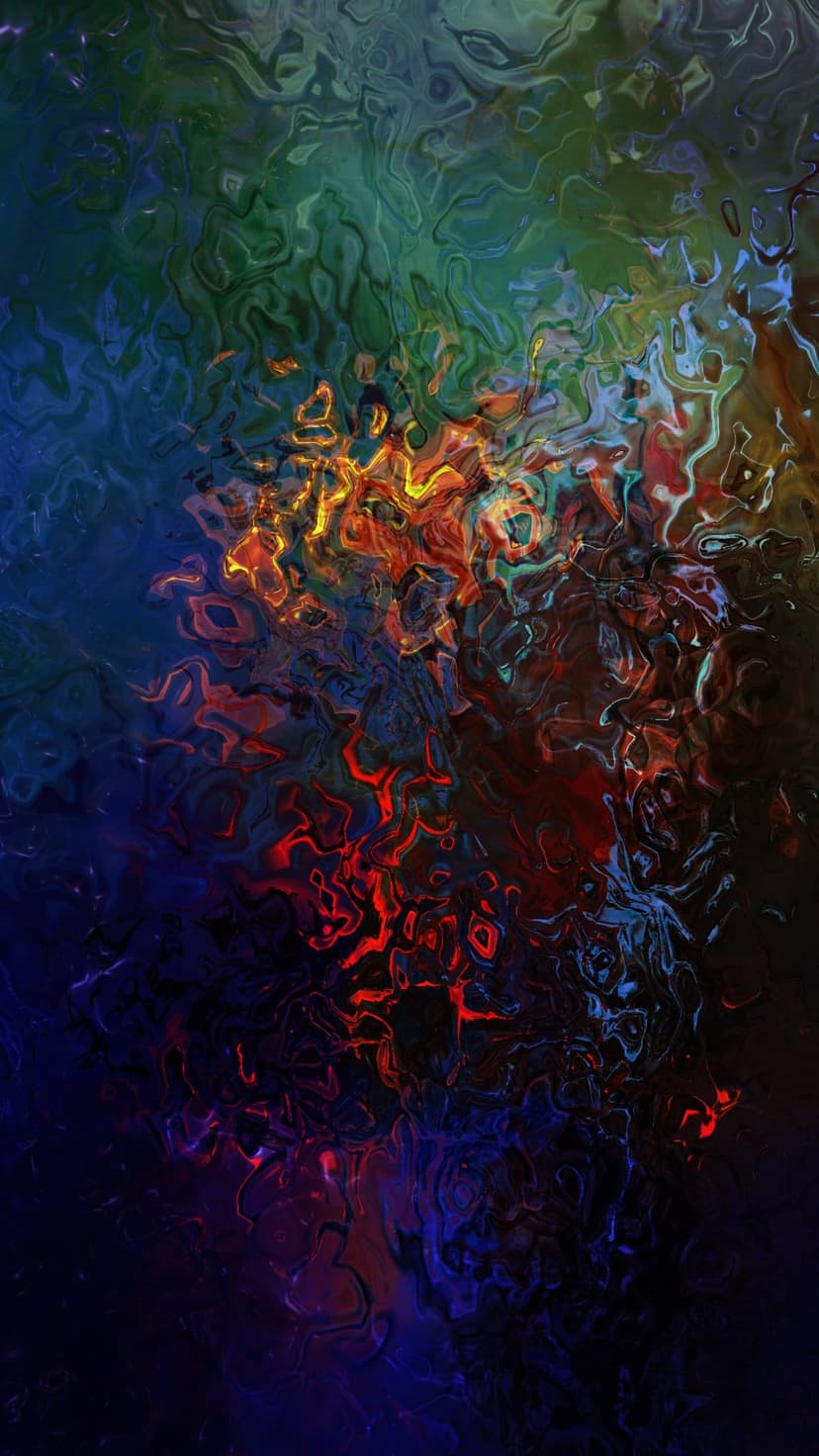 Swirling ribbons of blue, red, and green light flow in a dense, textured pattern with hints of orange sparks.