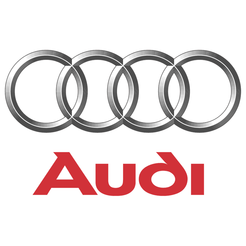 Audi automotive emblem featuring four interlocking silver metallic rings and red sans-serif text on transparency.