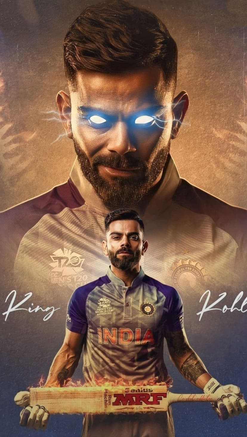 Virat Kohli grips a glowing cricket bat with embers flying while his eyes emit a bright white light.