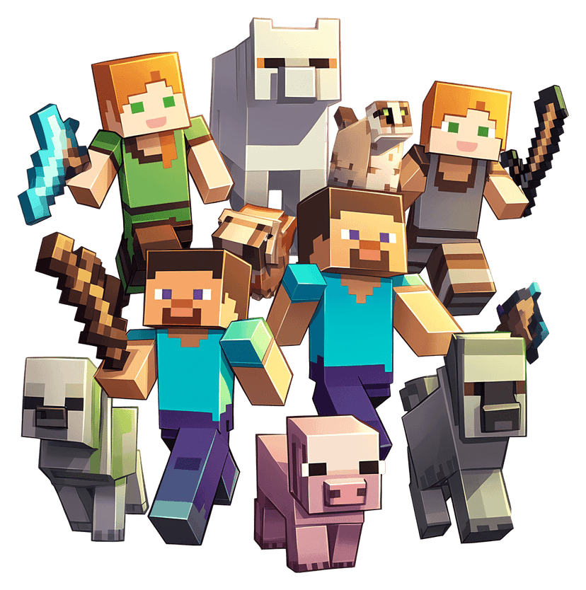 Blocky gaming characters standing next to pixelated animal pets in a 3D voxel style with vibrant colors.