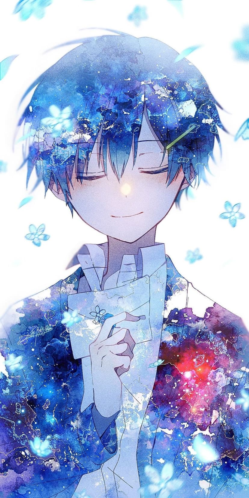 Young boy with blue galaxy hair, closed eyes, and a gentle smile holding an envelope amidst floating flowers.