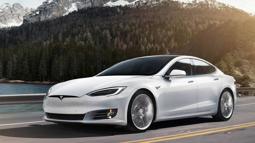 White Tesla Model S driving on a scenic road with pine forests, blue lake, and snow-capped mountains behind.