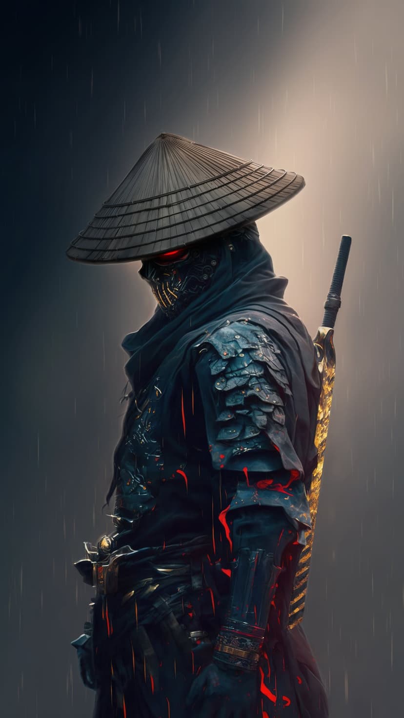 Masked samurai warrior with glowing red eyes and a conical hat stands in falling rain while holding a golden katana.