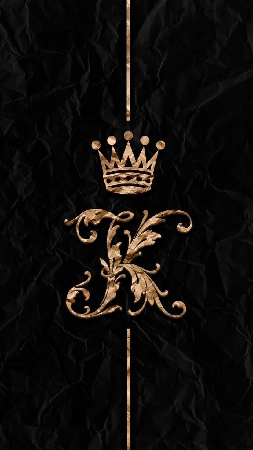 Gold crown and an ornate monogram letter K with floral swirls centered on a textured black crumpled paper backdrop.