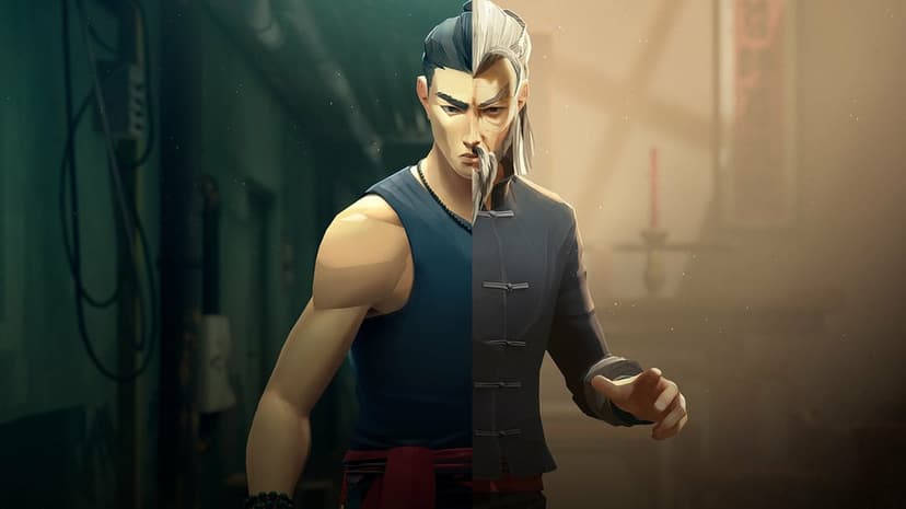 Split-view of a martial artist as a young man and an old man with a white beard in a stylized art style.