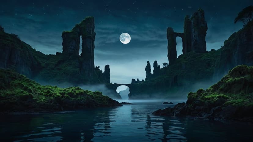 Ancient stone ruins and an arched bridge silhouetted against a large full moon above a misty river valley.