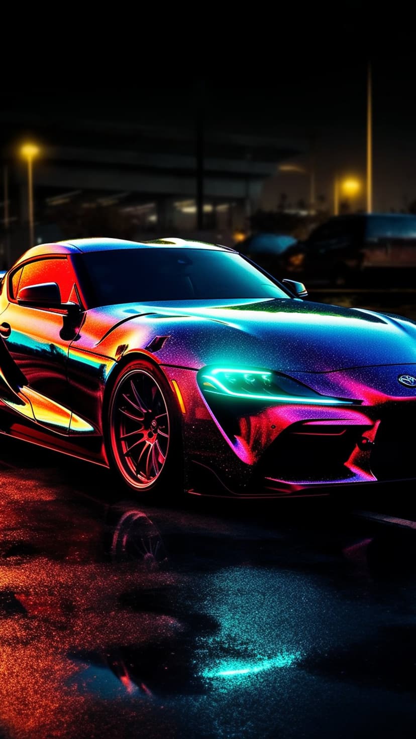 Toyota Supra with an iridescent wrap parked on a wet street at night reflecting vibrant blue and red neon lights.