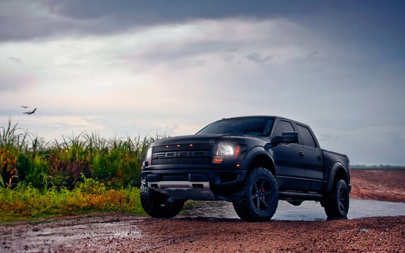 Black Ford Raptor pickup truck on a muddy road under a cloudy sky with headlights and amber grille lights on.