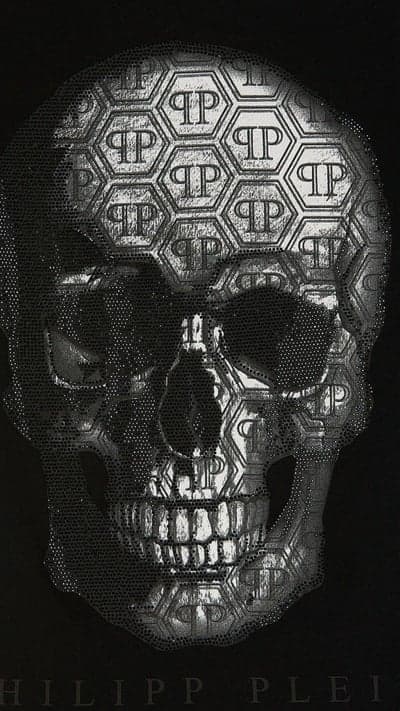 Edgy Silver Skull Hexagon Pattern Mobile Wallpaper