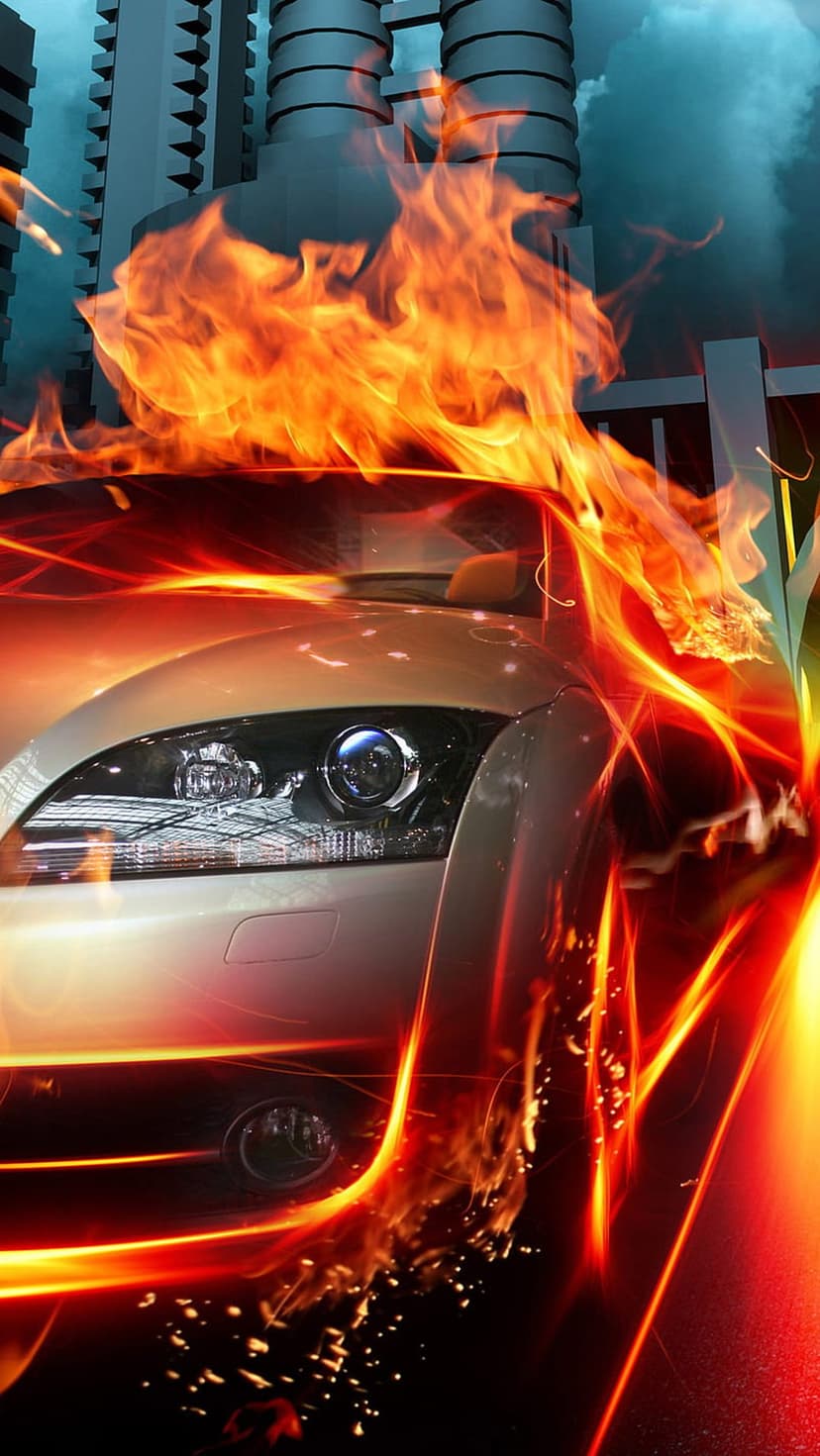 White sports car engulfed in orange flames racing through a futuristic night city with neon light trails.