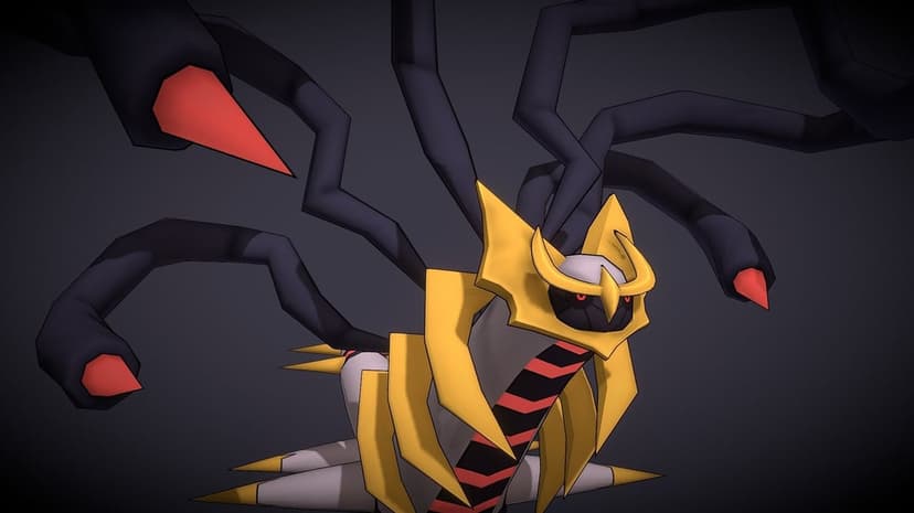 Giratina Origin Forme with six black wings and gold armor floating against a dark grey atmospheric background.