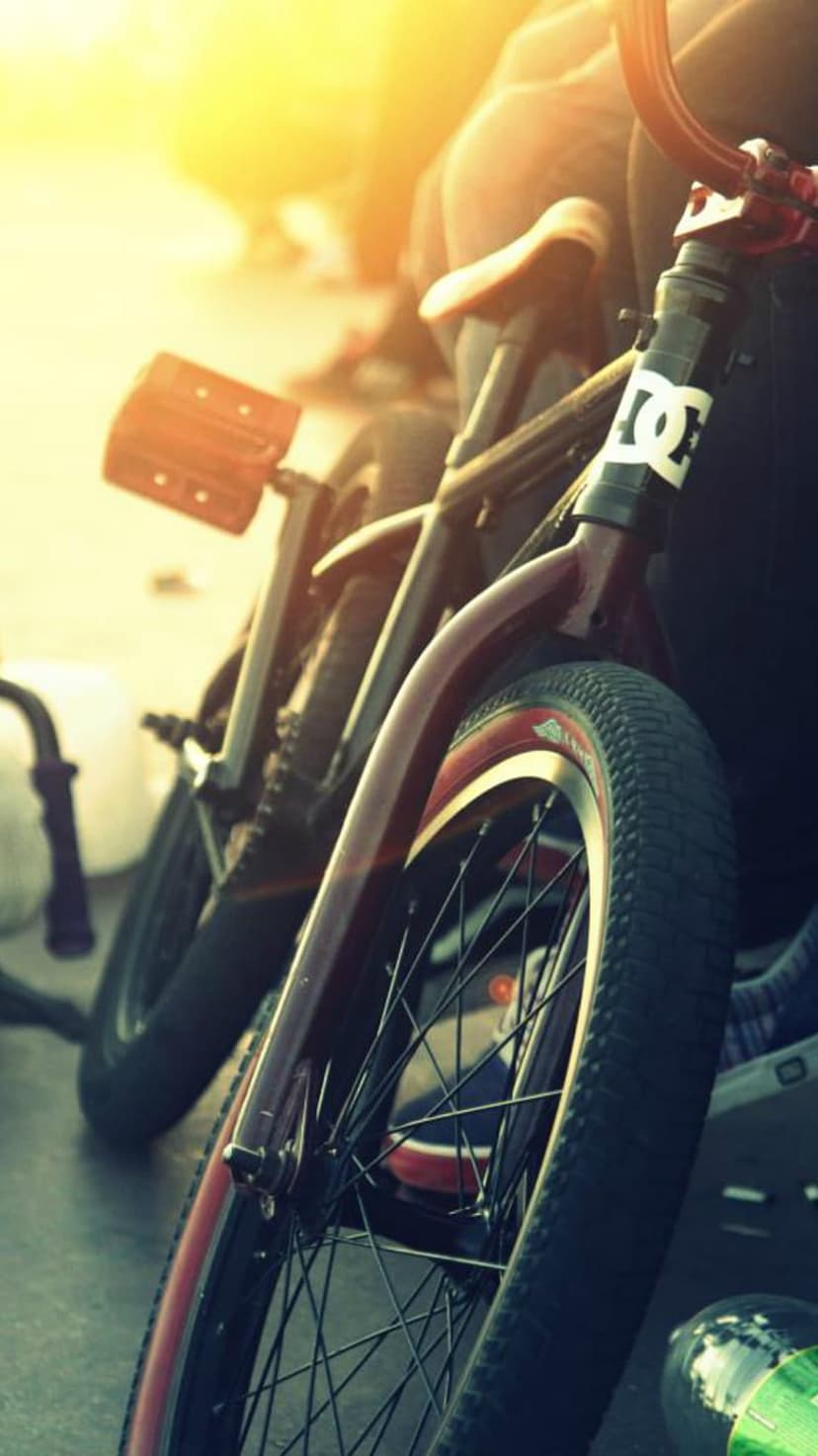 BMX bikes with a red pedal and DC Shoes logo reflect warm golden sunlight on their tires and handlebars.